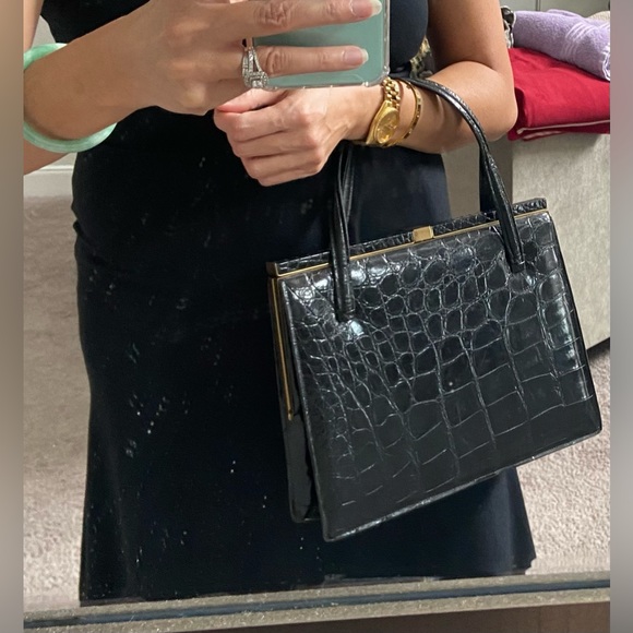 Vintage Deauville Black Crocodile Skin Leather Handbag With Two Handles - Picture 7 of 16